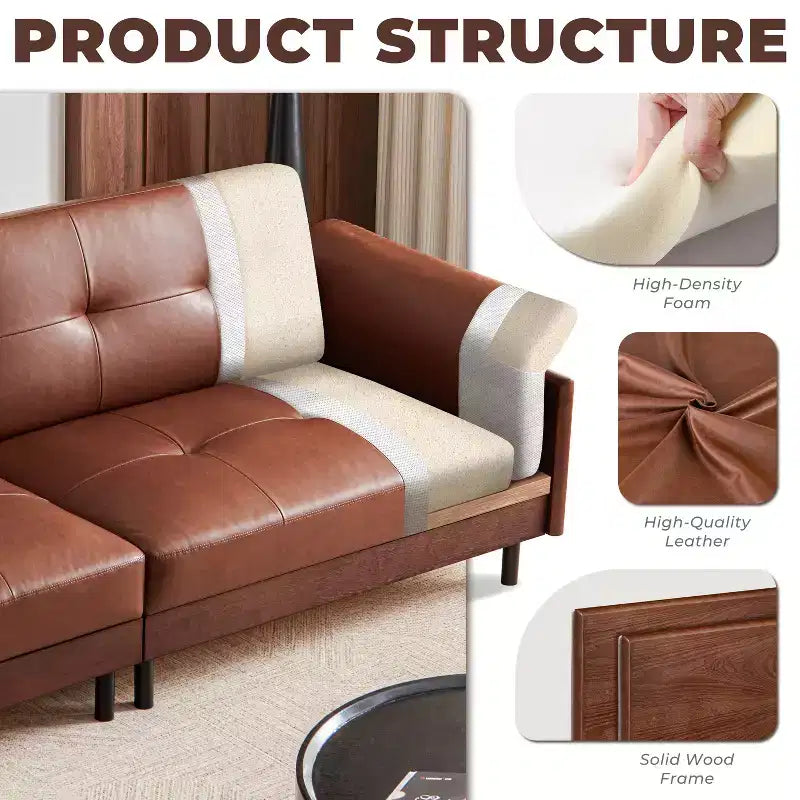 Divano in pelle marrone stile Mid-Century moderno ATJafurn da 90 pollici con esterno in legno massello e trapuntatura a mano, divano componibile in pelle retrò a 4 posti per soggiorno