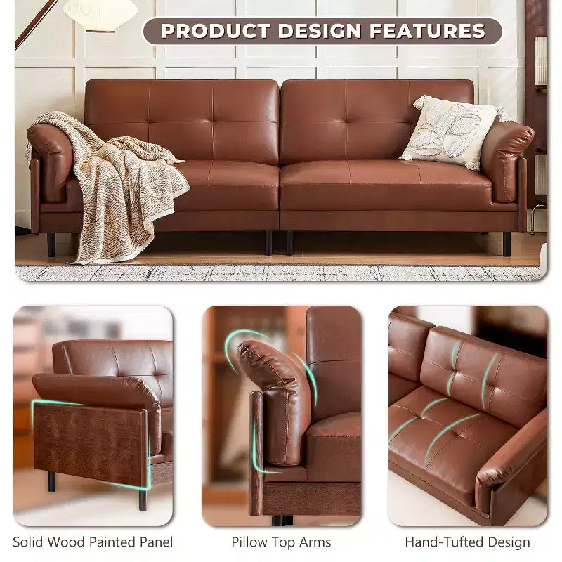 Divano in pelle marrone stile Mid-Century moderno ATJafurn da 90 pollici con esterno in legno massello e trapuntatura a mano, divano componibile in pelle retrò a 4 posti per soggiorno