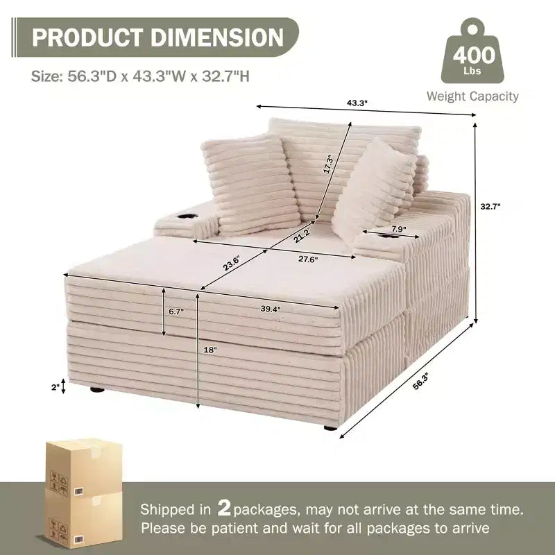 Divano Chaise Longue Oversize da Interno, Divano in Velluto a Coste Imbottito, Divano Letto Cloud, 3 Cuscini, Divano Letto Singolo, per Soggiorno, Camera da Letto