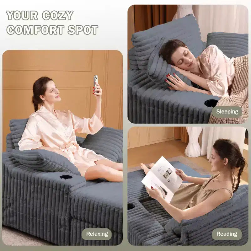 Divano Chaise Longue Oversize da Interno, Divano in Velluto a Coste Imbottito, Divano Letto Cloud, 3 Cuscini, Divano Letto Singolo, per Soggiorno, Camera da Letto
