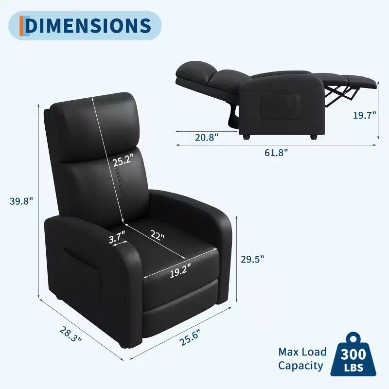 Poltrona Reclinabile in Ecopelle, Poltrona Relax Singola con Tasca Laterale, Schienale Alto e Braccioli Ampi Imbottiti, Poltrona Home Theater per Soggiorno, Camera da Lete