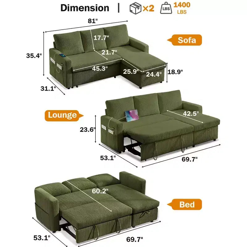Divano letto Dyonery 81, divano sezionale a L con letto estraibile, schienale reclinabile, chaise longue contenitore reversibile, porte USB