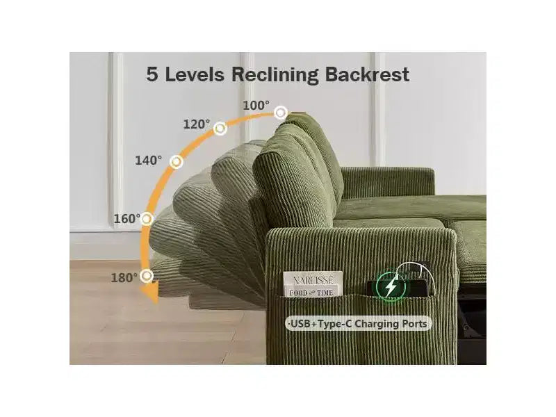 Divano letto Dyonery 81, divano sezionale a L con letto estraibile, schienale reclinabile, chaise longue contenitore reversibile, porte USB