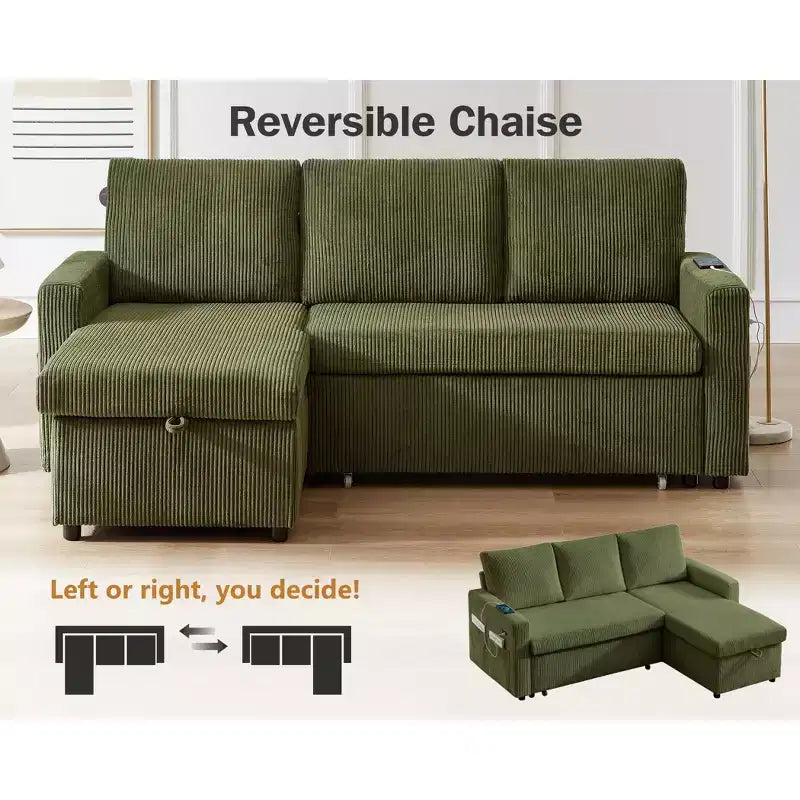 Divano letto Dyonery 81, divano sezionale a L con letto estraibile, schienale reclinabile, chaise longue contenitore reversibile, porte USB