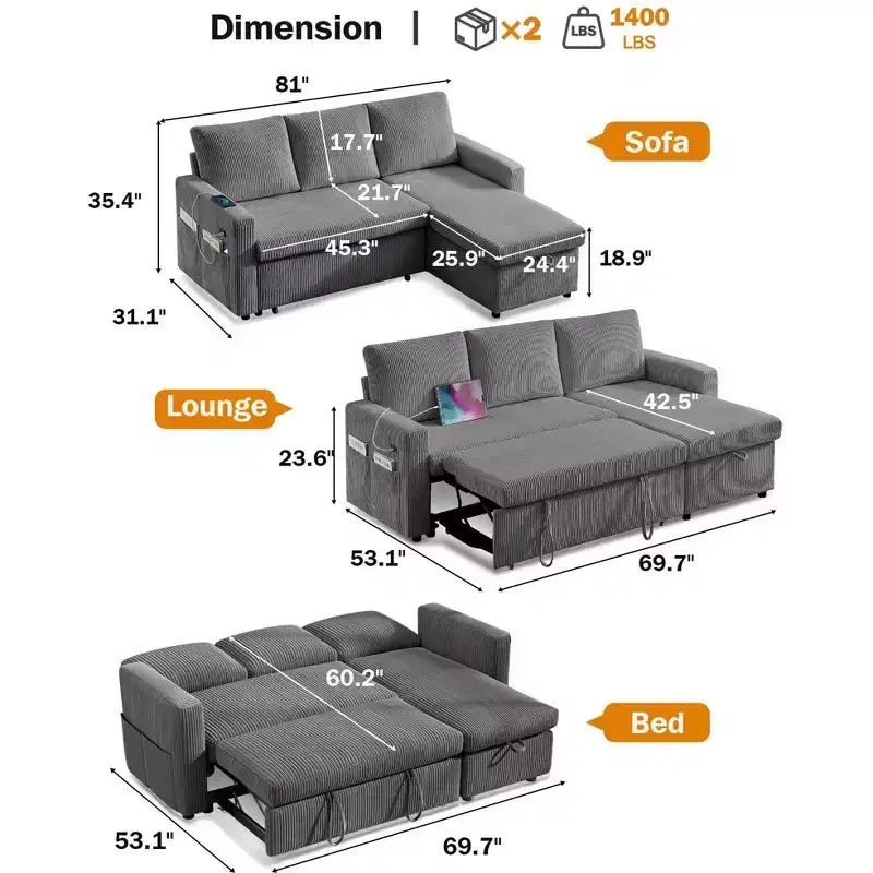 Divano letto Dyonery 81, divano sezionale a L con letto estraibile, schienale reclinabile, chaise longue contenitore reversibile, porte USB