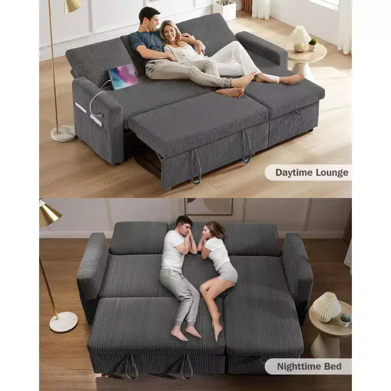 Divano letto Dyonery 81, divano sezionale a L con letto estraibile, schienale reclinabile, chaise longue contenitore reversibile, porte USB