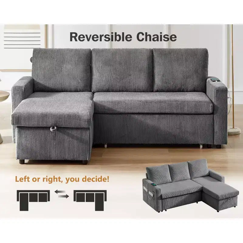 Divano letto Dyonery 81, divano sezionale a L con letto estraibile, schienale reclinabile, chaise longue contenitore reversibile, porte USB