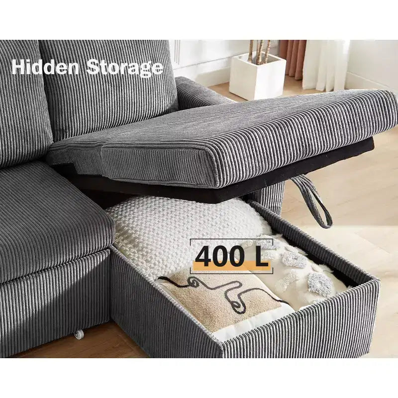 Divano letto Dyonery 81, divano sezionale a L con letto estraibile, schienale reclinabile, chaise longue contenitore reversibile, porte USB