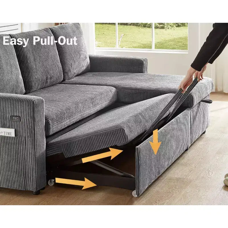 Divano letto Dyonery 81, divano sezionale a L con letto estraibile, schienale reclinabile, chaise longue contenitore reversibile, porte USB