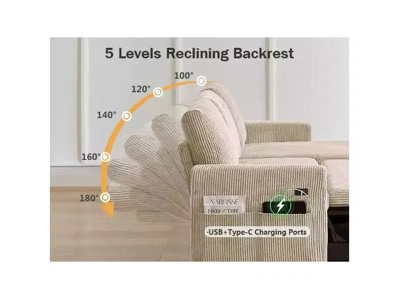 Divano letto Dyonery 81, divano sezionale a L con letto estraibile, schienale reclinabile, chaise longue contenitore reversibile, porte USB