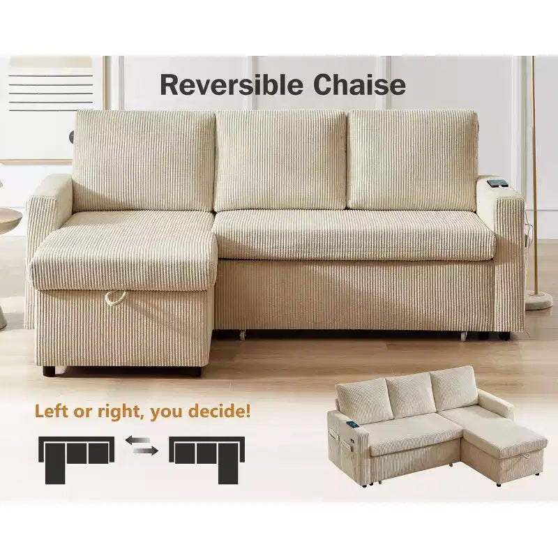 Divano letto Dyonery 81, divano sezionale a L con letto estraibile, schienale reclinabile, chaise longue contenitore reversibile, porte USB