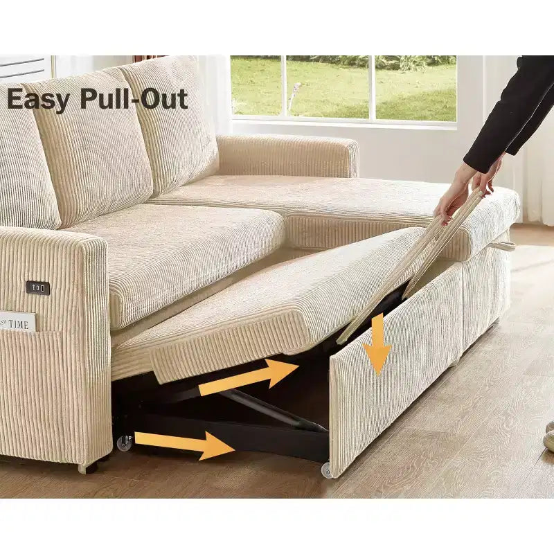 Divano letto Dyonery 81, divano sezionale a L con letto estraibile, schienale reclinabile, chaise longue contenitore reversibile, porte USB