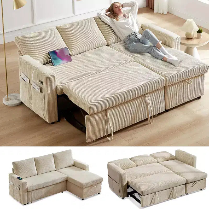 Dyonery 81 Sleeper Sofa Bed, L Shaped Sectional Couch with Pull Out Bed, Reclining Backrest, Reversible Storage Chaise, USB Ports