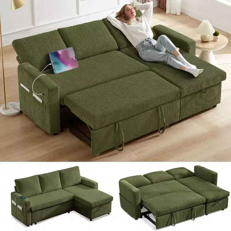 Divano letto Dyonery 81, divano sezionale a L con letto estraibile, schienale reclinabile, chaise longue contenitore reversibile, porte USB