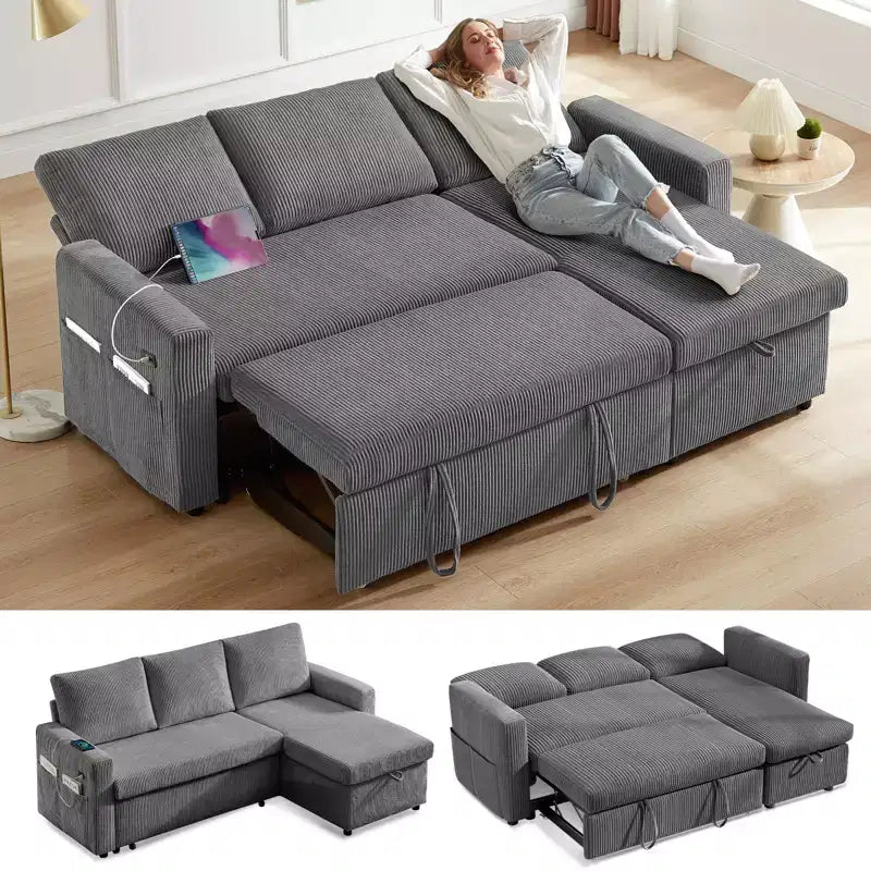 Divano letto Dyonery 81, divano sezionale a L con letto estraibile, schienale reclinabile, chaise longue contenitore reversibile, porte USB