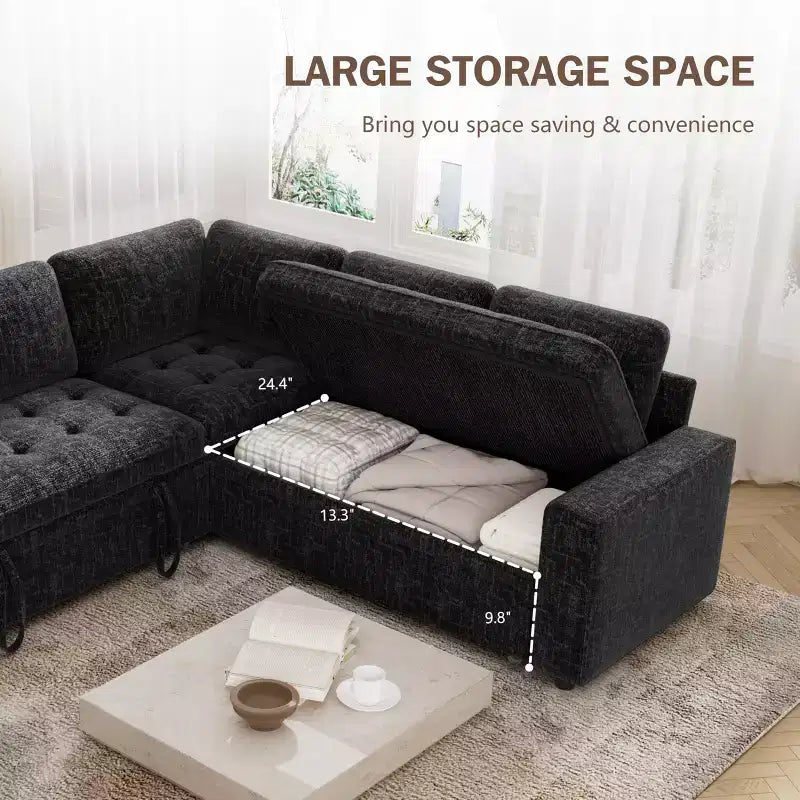 Divano Sezionale Modulare Dyonery 85 con Letto Estraibile, Divano a L a 5 Posti in Ciniglia con Porte USB, Schienale Regolabile e Contenitore