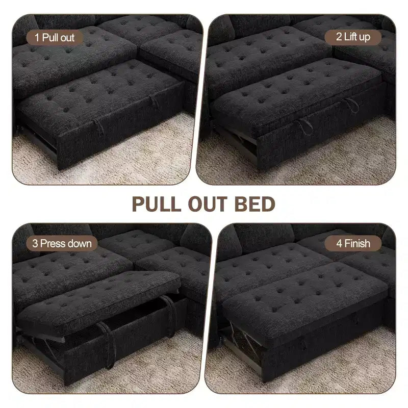 Divano Sezionale Modulare Dyonery 85 con Letto Estraibile, Divano a L a 5 Posti in Ciniglia con Porte USB, Schienale Regolabile e Contenitore