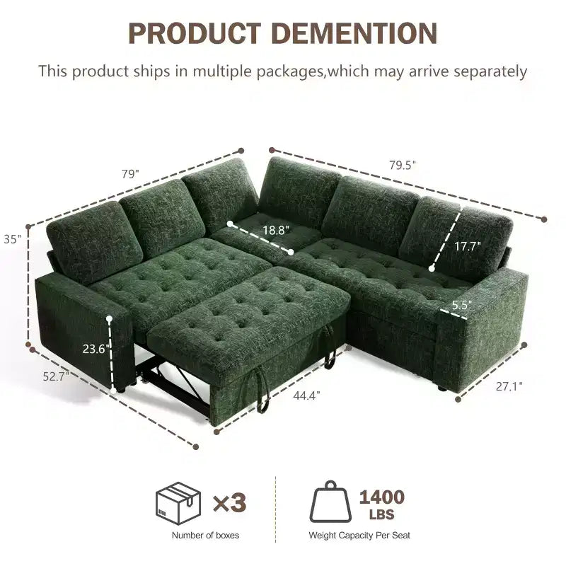 Divano Sezionale Modulare Dyonery 85 con Letto Estraibile, Divano a L a 5 Posti in Ciniglia con Porte USB, Schienale Regolabile e Contenitore