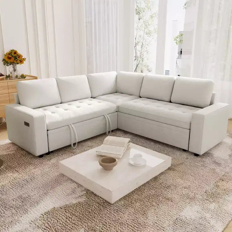 Divano Sezionale Modulare Dyonery 85 con Letto Estraibile, Divano a L a 5 Posti in Ciniglia con Porte USB, Schienale Regolabile e Contenitore