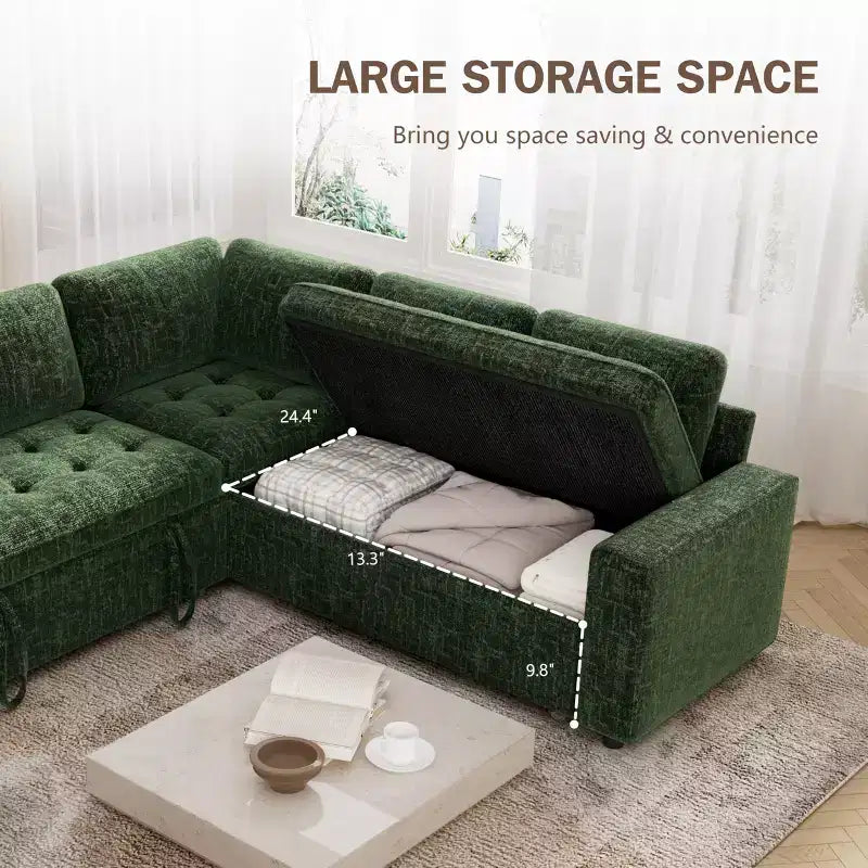 Divano Sezionale Modulare Dyonery 85 con Letto Estraibile, Divano a L a 5 Posti in Ciniglia con Porte USB, Schienale Regolabile e Contenitore