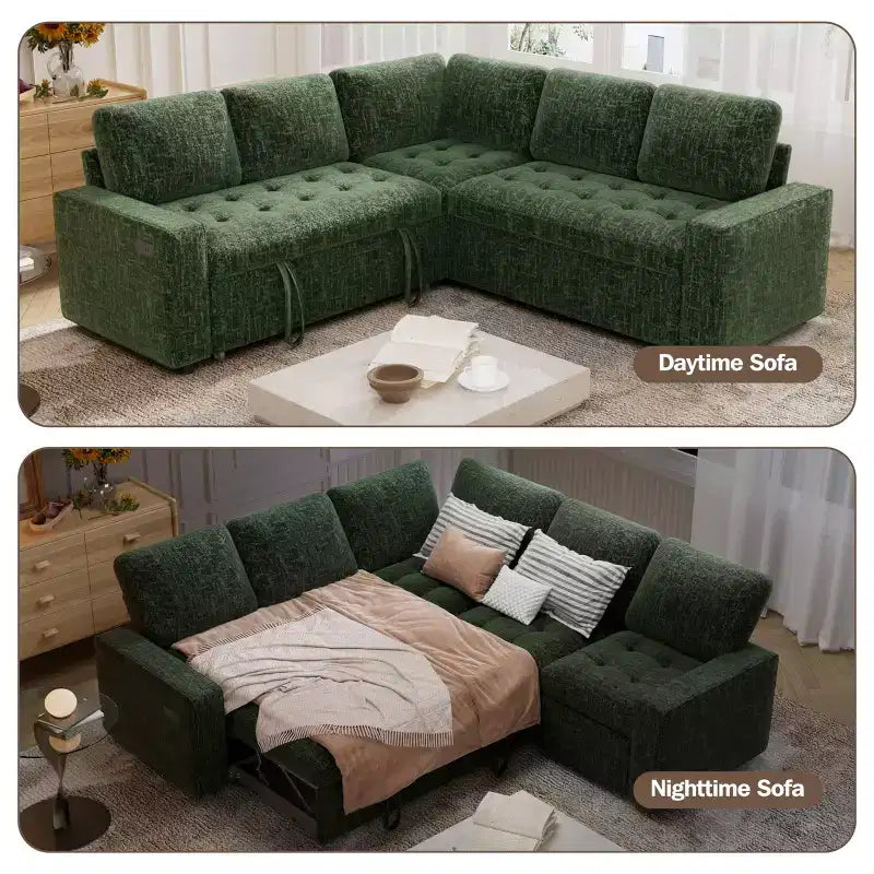 Divano Sezionale Modulare Dyonery 85 con Letto Estraibile, Divano a L a 5 Posti in Ciniglia con Porte USB, Schienale Regolabile e Contenitore