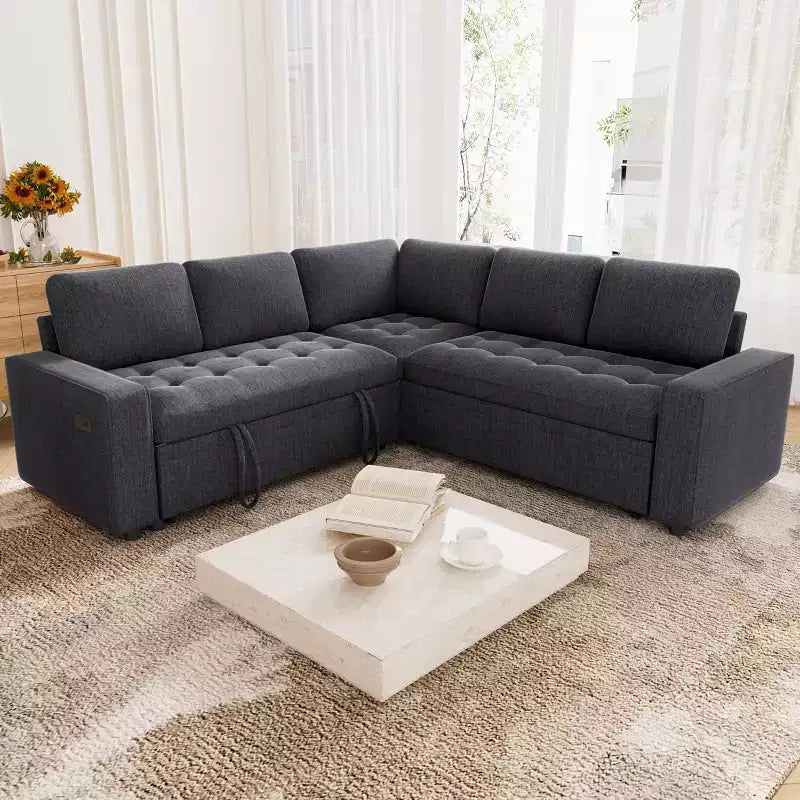 Divano Sezionale Modulare Dyonery 85 con Letto Estraibile, Divano a L a 5 Posti in Ciniglia con Porte USB, Schienale Regolabile e Contenitore