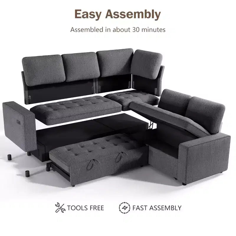 Divano Sezionale Modulare Dyonery 85 con Letto Estraibile, Divano a L a 5 Posti in Ciniglia con Porte USB, Schienale Regolabile e Contenitore