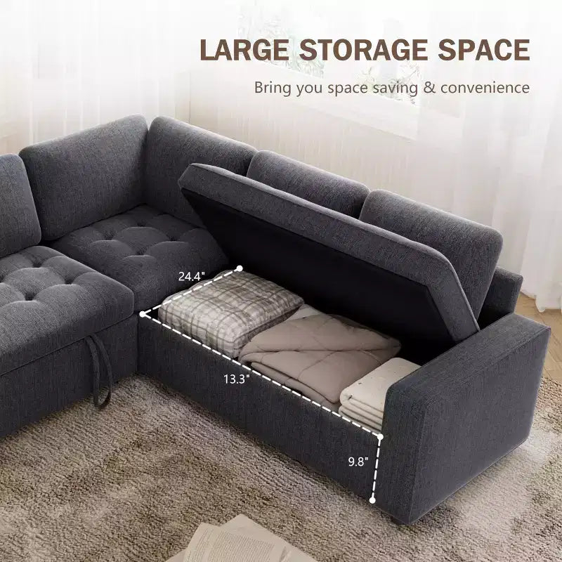 Divano Sezionale Modulare Dyonery 85 con Letto Estraibile, Divano a L a 5 Posti in Ciniglia con Porte USB, Schienale Regolabile e Contenitore