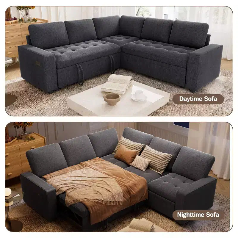 Divano Sezionale Modulare Dyonery 85 con Letto Estraibile, Divano a L a 5 Posti in Ciniglia con Porte USB, Schienale Regolabile e Contenitore