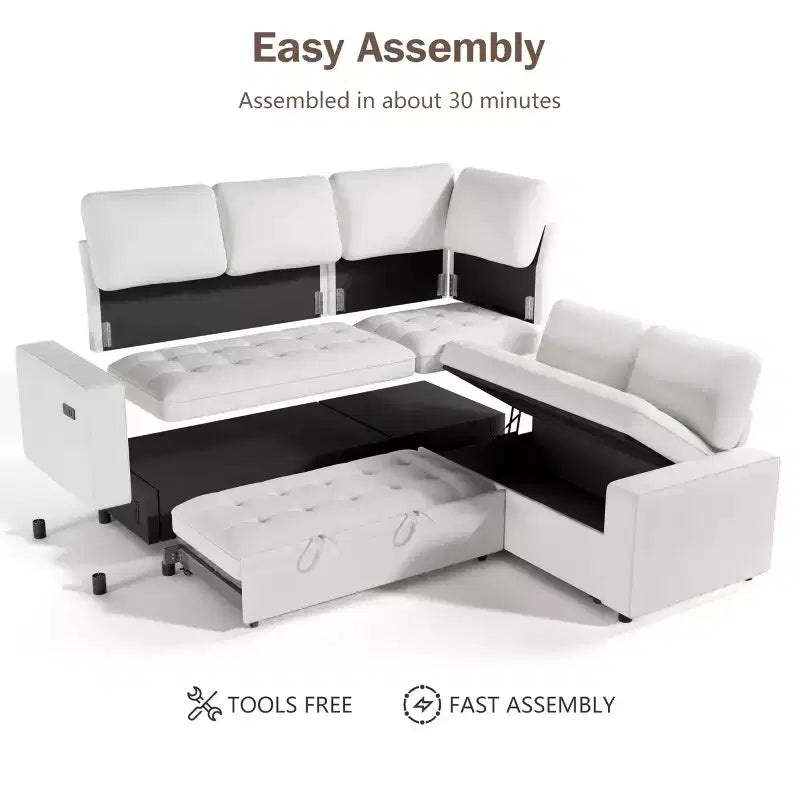 Divano Sezionale Modulare Dyonery 85 con Letto Estraibile, Divano a L a 5 Posti in Ciniglia con Porte USB, Schienale Regolabile e Contenitore
