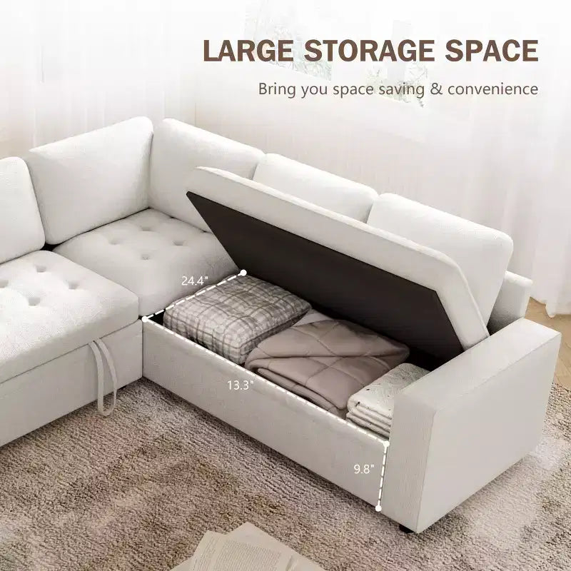Divano Sezionale Modulare Dyonery 85 con Letto Estraibile, Divano a L a 5 Posti in Ciniglia con Porte USB, Schienale Regolabile e Contenitore