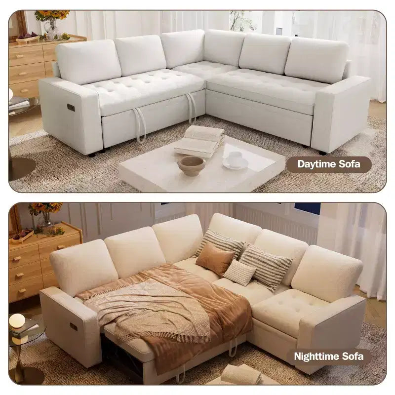 Divano Sezionale Modulare Dyonery 85 con Letto Estraibile, Divano a L a 5 Posti in Ciniglia con Porte USB, Schienale Regolabile e Contenitore