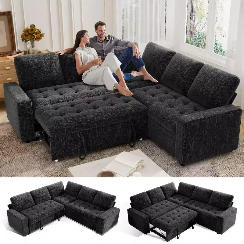 Divano Sezionale Modulare Dyonery 85 con Letto Estraibile, Divano a L a 5 Posti in Ciniglia con Porte USB, Schienale Regolabile e Contenitore