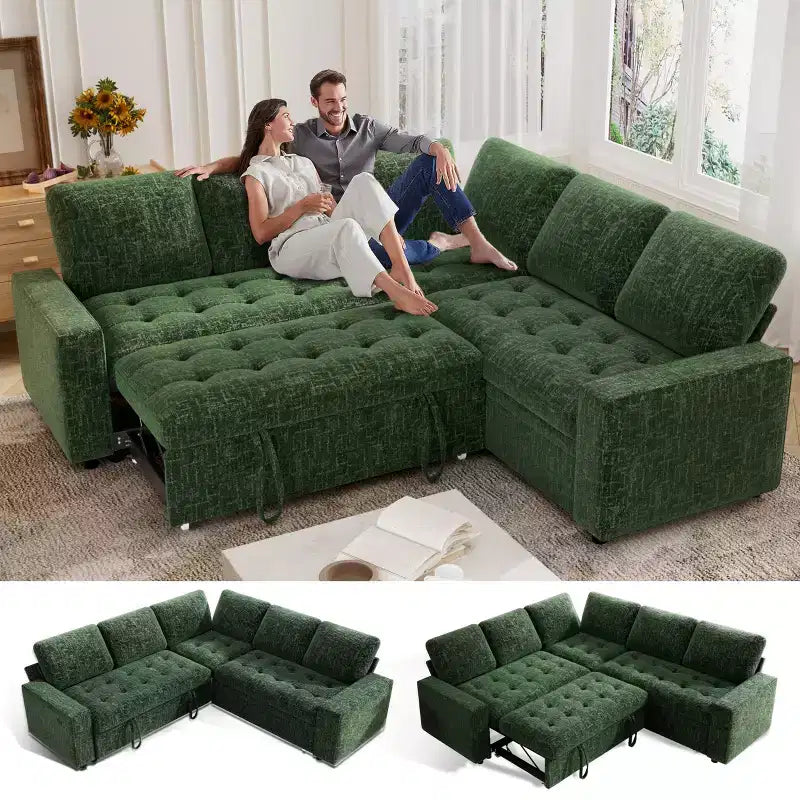 Divano Sezionale Modulare Dyonery 85 con Letto Estraibile, Divano a L a 5 Posti in Ciniglia con Porte USB, Schienale Regolabile e Contenitore