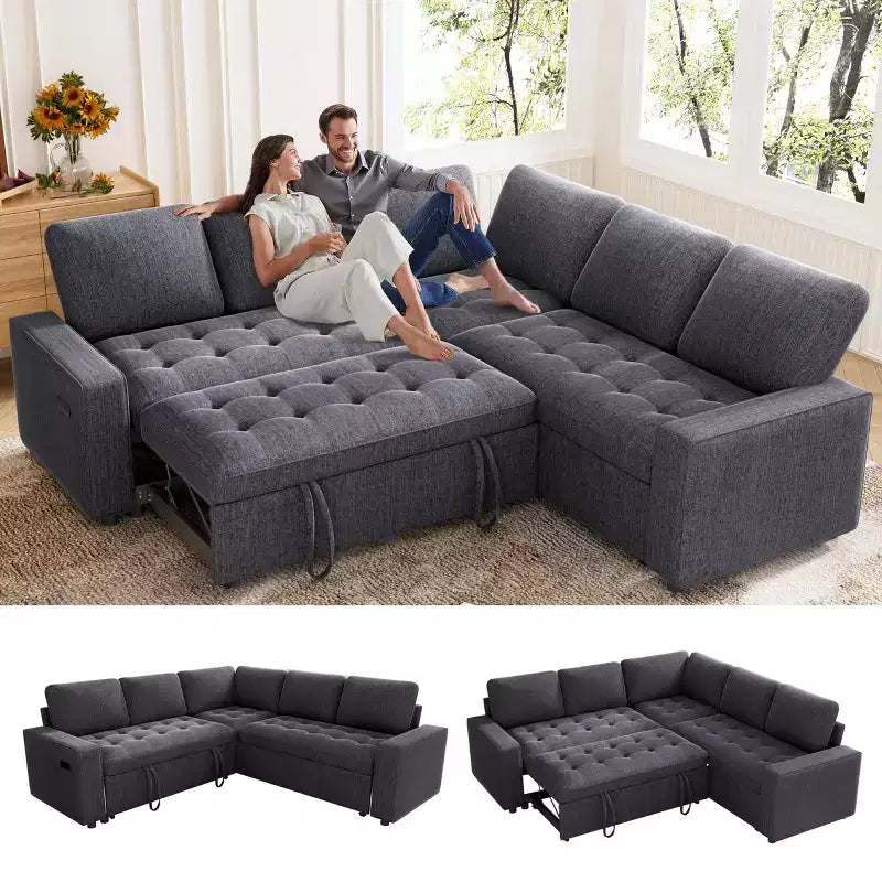 Divano Sezionale Modulare Dyonery 85 con Letto Estraibile, Divano a L a 5 Posti in Ciniglia con Porte USB, Schienale Regolabile e Contenitore
