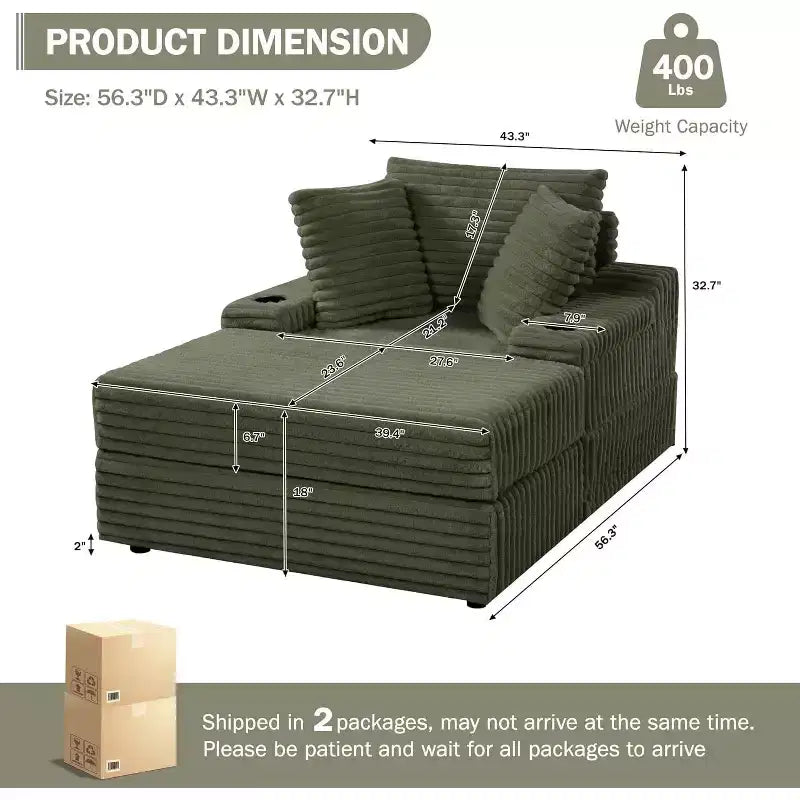 Chaise Longue Oversize da Interno con Contenitore, Divano Letto in Corduroy Imbottito Cloud con 3 Cuscini, Poltrona Letto Singola per la Casa