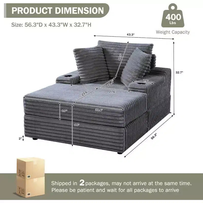 Chaise Longue Oversize da Interno con Contenitore, Divano Letto in Corduroy Imbottito Cloud con 3 Cuscini, Poltrona Letto Singola per la Casa