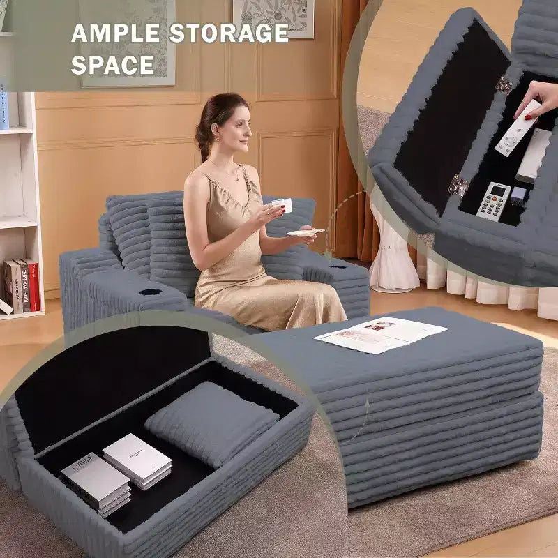 Chaise Longue Oversize da Interno con Contenitore, Divano Letto in Corduroy Imbottito Cloud con 3 Cuscini, Poltrona Letto Singola per la Casa