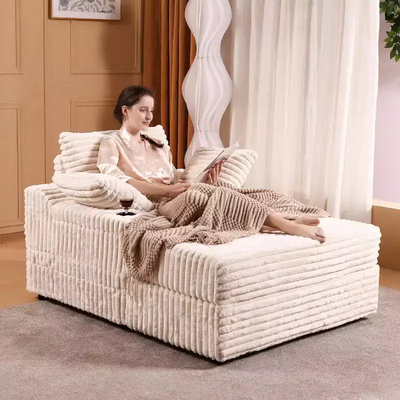 Chaise Longue Oversize da Interno con Contenitore, Divano Letto in Corduroy Imbottito Cloud con 3 Cuscini, Poltrona Letto Singola per la Casa