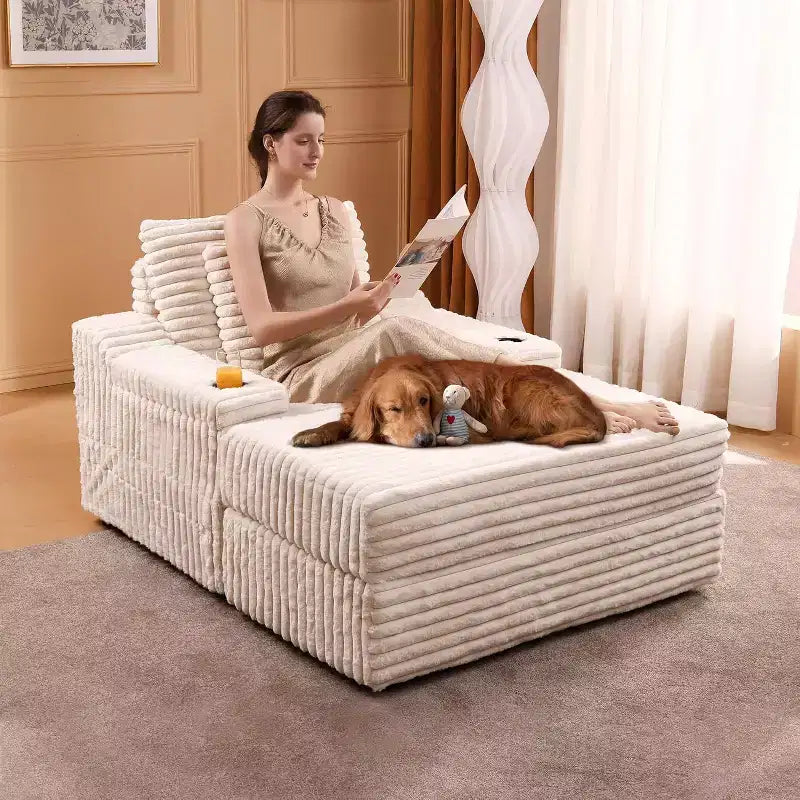 Chaise Longue Oversize da Interno con Contenitore, Divano Letto in Corduroy Imbottito Cloud con 3 Cuscini, Poltrona Letto Singola per la Casa