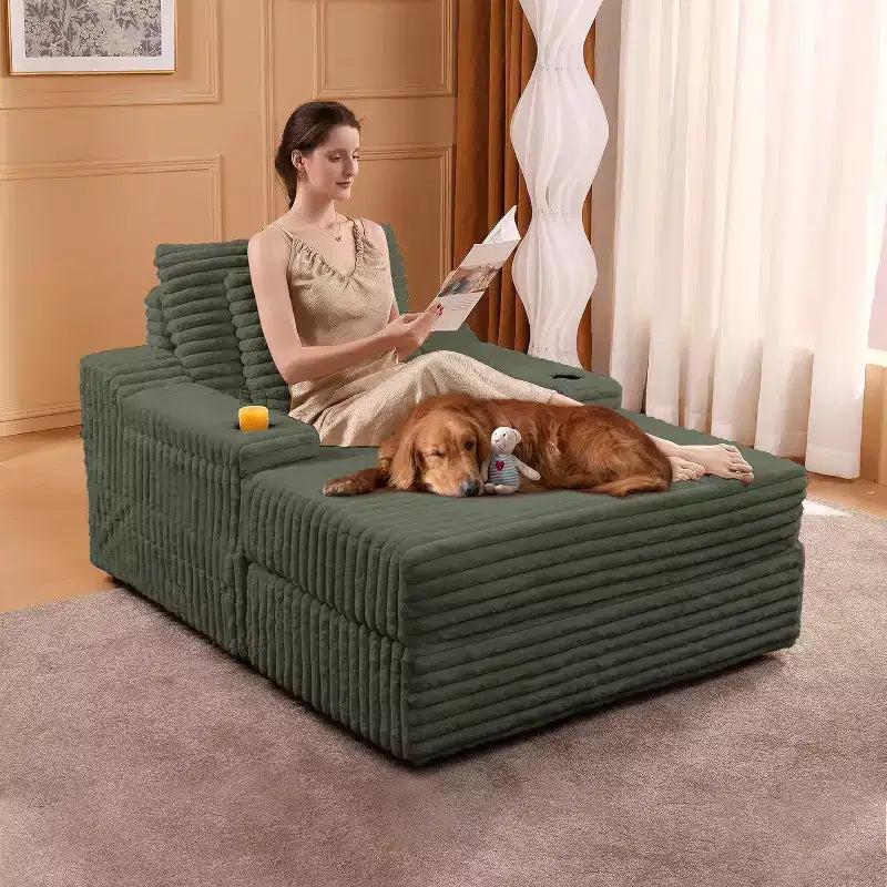 Chaise Longue Oversize da Interno con Contenitore, Divano Letto in Corduroy Imbottito Cloud con 3 Cuscini, Poltrona Letto Singola per la Casa