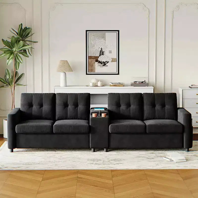 Modular Sectional 4-Seater Sofa, Velvet 115 Inch Compact caoch with Storage Console, Charging Station & Cup Holders,Deep Seats Couch for Home