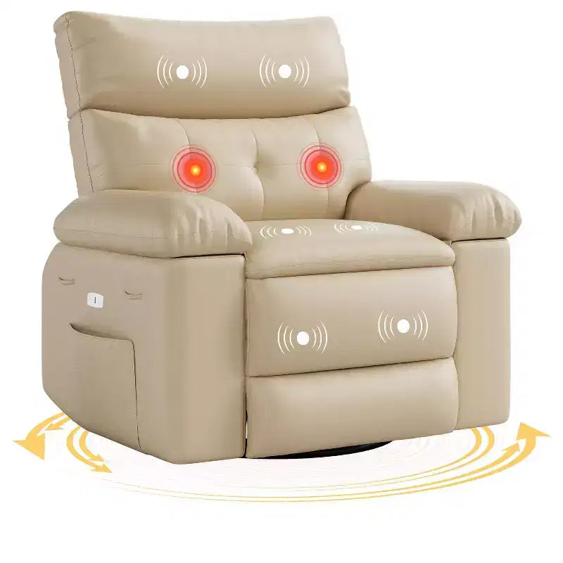 Poltrona a dondolo reclinabile extra-large con massaggio e riscaldamento, rotazione a 360°, con telecomando, portabicchieri e tasche laterali, design ergonomico.