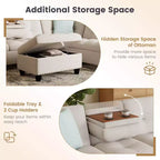 Divano a L Costway 98 con pouf portaoggetti mobile, schienali e sedute in tessuto di lino, portabicchieri, Beige/Grigio Scuro