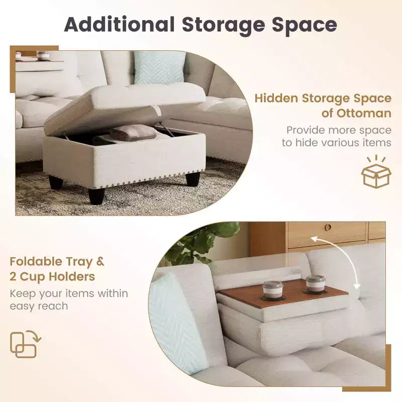 Divano a L Costway 98 con pouf portaoggetti mobile, schienali e sedute in tessuto di lino, portabicchieri, Beige/Grigio Scuro