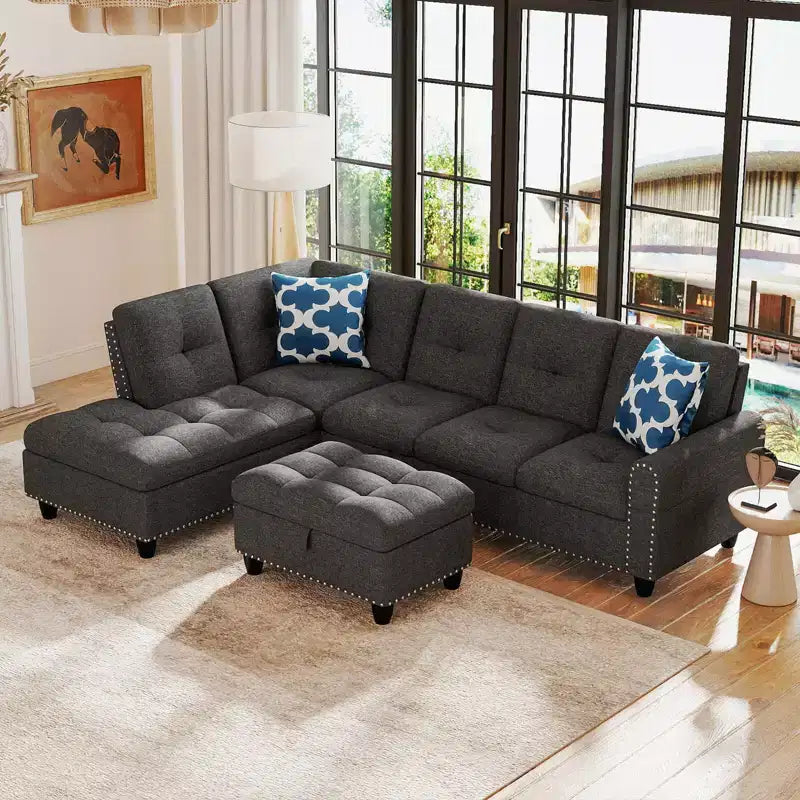 Divano a L Costway 98 con pouf portaoggetti mobile, schienali e sedute in tessuto di lino, portabicchieri, Beige/Grigio Scuro