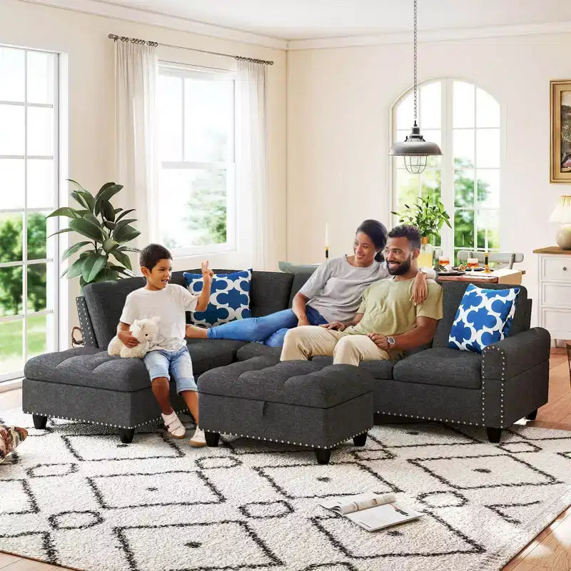 Divano a L Costway 98 con pouf portaoggetti mobile, schienali e sedute in tessuto di lino, portabicchieri, Beige/Grigio Scuro
