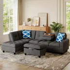 Divano a L Costway 98 con pouf portaoggetti mobile, schienali e sedute in tessuto di lino, portabicchieri, Beige/Grigio Scuro