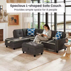 Divano a L Costway 98 con pouf portaoggetti mobile, schienali e sedute in tessuto di lino, portabicchieri, Beige/Grigio Scuro