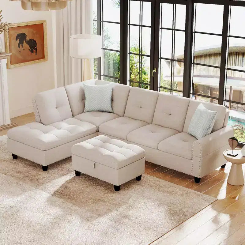 Divano a L Costway 98 con pouf portaoggetti mobile, schienali e sedute in tessuto di lino, portabicchieri, Beige/Grigio Scuro